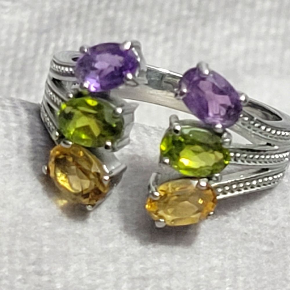 African Amethyst, Peridot, Brazilian Citrine Open Band‎ Ring Size 9